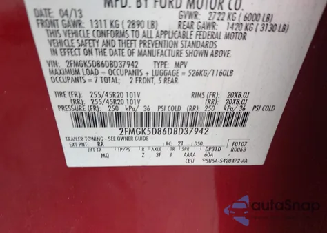 2013 Ford Flex Limited z USA, uszkodzony, nr VIN 2FMGK5D86DBD37942